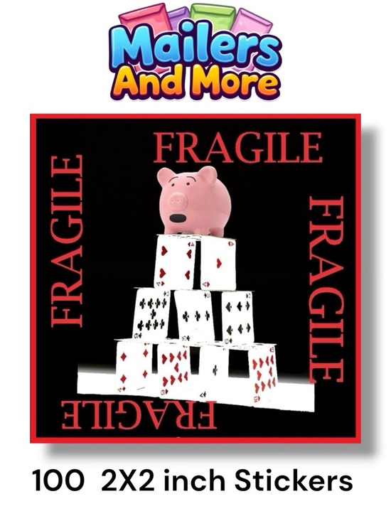Mailers And More Other - 100 FRAGILE Stickers, Pig & Cards, High Gloss, Square, PRICE IS FIRM